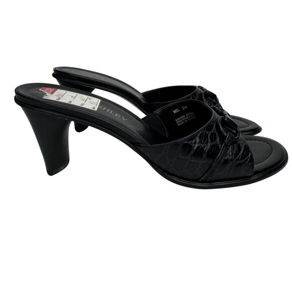 Vintage Y2K Laura Ashley Black Croc-Embossed Leather Slide Sandals Buckle Detail - Picture 2 of 11